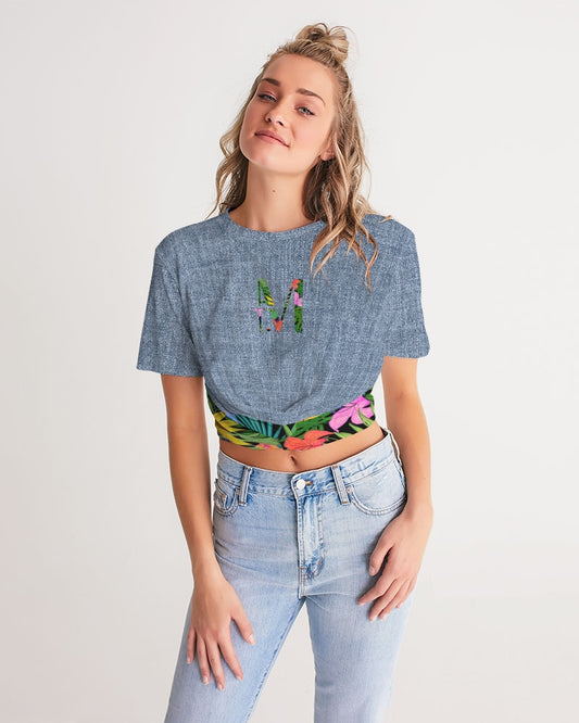 Feelin Tropical Chambray Women's Twist-Front Cropped Tee